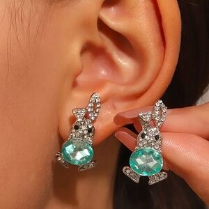 Crystal Bunny Stud Earrings Aqua Green Gem Rhinestone Rabbit Sparkle NWT